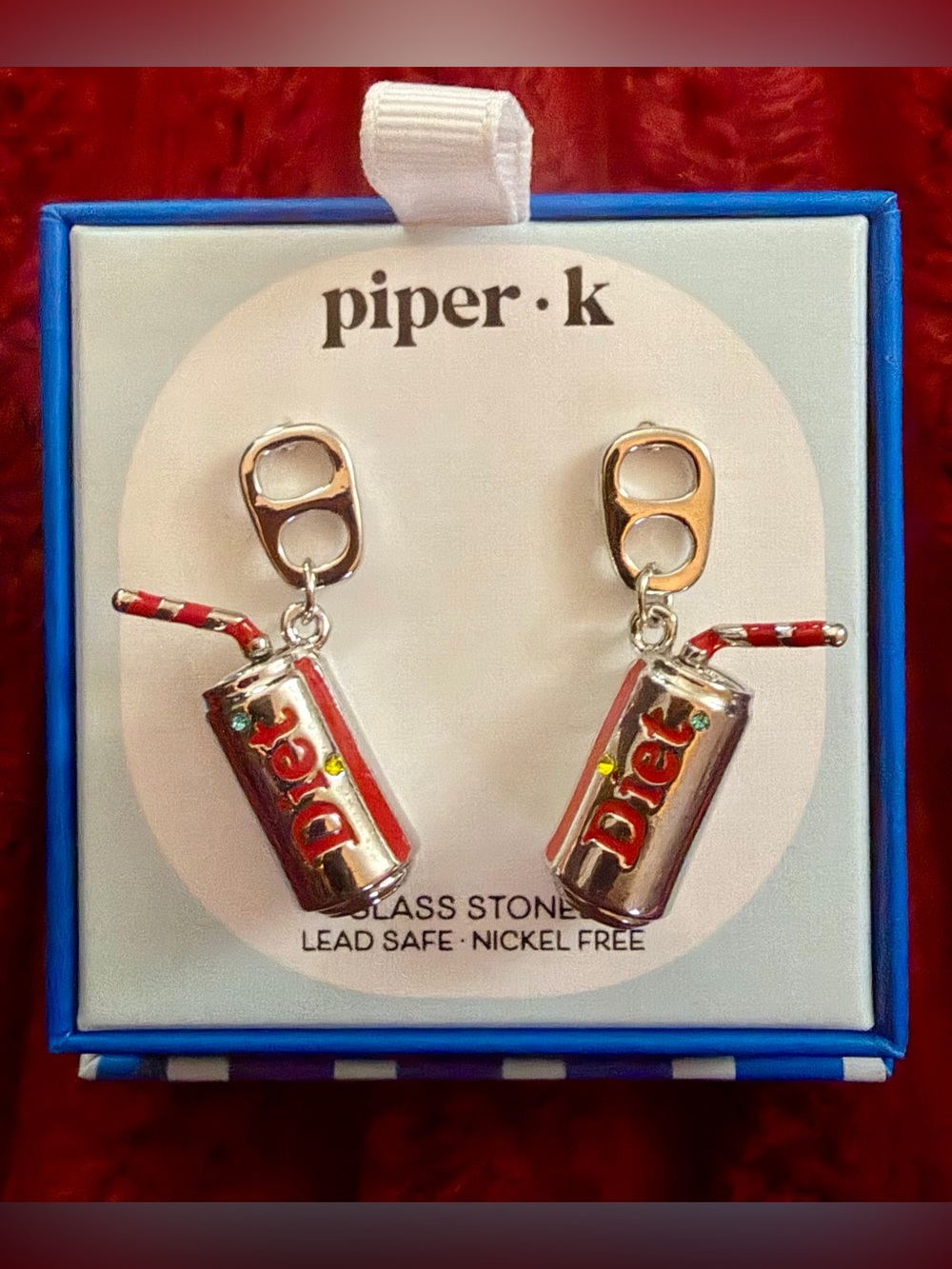 Piper K Red and Silver Soda Can Drop Earrings with Striped Straw